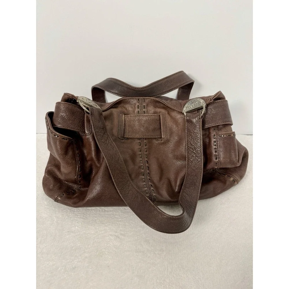 BRIGHTON Cleo Bow Brown Leather Shoulder Bag Studded Stitch Detail